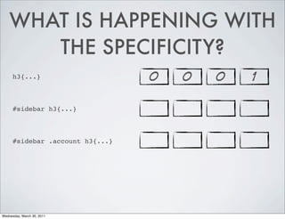 WHAT IS HAPPENING WITH
THE SPECIFICITY?
h3{...} 0 0 0 1
#sidebar h3{...}
#sidebar .account h3{...}
Wednesday, March 30, 2011