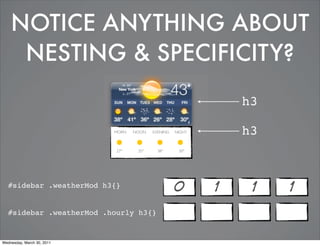 NOTICE ANYTHING ABOUT
NESTING & SPECIFICITY?
h3
MORN NOON EVENING NIGHT h3
27° 35° 38° 30°
#sidebar .weatherMod h3{}
0 1 1 1
#sidebar .weatherMod .hourly h3{}
Wednesday, March 30, 2011