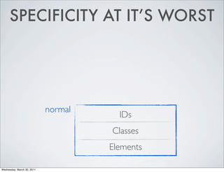 SPECIFICITY AT IT’S WORST
normal
IDs
Classes
Elements
Wednesday, March 30, 2011