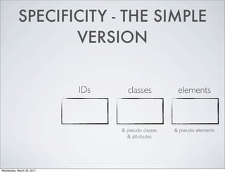 SPECIFICITY - THE SIMPLE
                   VERSION


                            IDs     classes           elements



                                  & pseudo classes   & pseudo elements
                                    & attributes




Wednesday, March 30, 2011
 