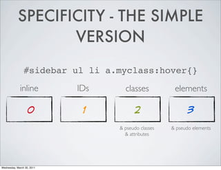 SPECIFICITY - THE SIMPLE
                   VERSION

                #sidebar ul li a.myclass:hover{}
             inline ...