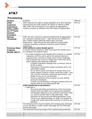 AT&T
 Provisioning
Section                               Guideline                                                               MMA ID
AT&T                                  AT&T reserves the right to assess penalties up to and including         ATT-01
Customer                              removal from the AT&T network for failure to adhere to MMA
Experience                            CBP, AT&T CEP and policies or any activity by aggregators,
Policy (CEP)                          content providers or affiliates that AT&T deems inappropriate.
for 3rd Party
Content
Providers
Refund                                AT&T has set a maximum refund threshold that all aggregators            ATT-02
Threshold                             are required to operate within. High refunds are indicative of
                                      poor mobile product offerings and/or poor consumer
                                      experiences. High refunds are also related to questionable
                                      customer acquisition practices (incentive and/or stacked
                                      marketing).
Premium Rate                          AT&T ability to waive double opt-in:                                    ATT-03
Program                               In certain limited instances, AT&T may waive the double opt-in
Double Opt-in                         on a program-by-program basis:
                                         A current exception to the double opt-in practice is a mobile       ATT-04
                                          interaction with the call to action for network television
                                          programming. A premium charge call to action integrated
                                          with programming must be a single opt-in when the call to
                                          action contains the following conditions:
                                            o    A Mobile Originated message with a premium price at
                                                 $0.99 or below.
                                            o    Interaction is transaction based messaging and is not
                                                 subscription based.
                                            o    On air call to action and advice of charge need to be
                                                 clearly stated, inclusive of both visual and verbal – text
                                                 size (10 font minimum), placement (prominent), and
                                                 length of time on air (10 seconds).
                                            o    Premium elements of the program are only offered
                                                 during the broadcast.
                                            o    A thank you/confirmation message including advice of
                                                 charge must be sent following the MO
                                      AT&T Double opt-in parameters:                                          ATT-05
                                         WEB Opt-in
                                            o    All pricing and billing periods/terms of the third party
                                                 content must be clearly and conspicuously disclosed
                                                 immediately adjacent to any customer submission field
                                                 (i.e. phone number field or PIN code field). Clear
                                                 disclosure of the pricing and billing period/term must
                                                 not be on an additional page nor shall it be located on
                                                 a page that would require the customer to scroll in any
                                                 direction.
                                      The following terms must be clearly and conspicuously disclosed         ATT-06
                                      on any cell phone number submit web page and any PIN code
                                      submit web page:
                                      The initial and recurring charge of the content being promoted          ATT-07

Mobile Marketing Association            US Consumer Best Practices (v6.0)   www.mmaglobal.com                   Page 153 of 165
© 2011 Mobile Marketing Association
 