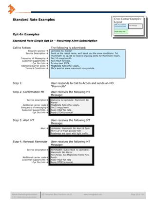Standard Rate Examples                                                                                   Cross Carrier Examples:
                                                                                                          Legend



 Opt-In Examples

 Standard Rate Single Opt In – Recurring Alert Subscription

 Call to Action:                                The following is advertised:
                     Program sponsor           Upmobile Ski Alerts!
                   Service Description         Send us the resort name, we'll send you the snow conditions. Txt
                                                'Mammoth' to 12345 to receive ongoing alerts for Mammoth resort.
            Frequency of Messaging             Get 10 msgs/month.
             Customer Support Info             Text HELP for help.
                       Opt Out Info            To stop text STOP.
            Additional Carrier Costs           Msg&Data Rates May Apply.
                Terms & Conditions             T&Cs avail at www.mammoth.com/mobile.




 Step 1:                                        User responds to Call to Action and sends an MO
                                                “Mammoth”

 Step 2: Confirmation MT                        User receives the following MT
                                                Message:
                     Service description       Welcome to Upmobile: Mammoth Ski
                                                Alerts!
               Additional carrier costs        Msg&Data Rates May Apply.
             Frequency of messaging            Get 2 msgs/week.
              Customer Support Info            Reply HELP for help.
                         Opt Out Info          Reply STOP to cancel.


 Step 3: Alert MT                               User receives the following MT
                                                Message:
                                      Alert    UpMobile: Mammoth Ski Alert @ 5pm
                                                PST! 12" of fresh powder fell!
                                                Roadways are open with light traffic.



 Step 4: Renewal Reminder                       User receives the following MT
                                                Message:
                     Service description       REMINDER: Subscribed to Upmobile:
                                                Mammoth Ski Alerts!
                                                No Charge, but Msg&Data Rates May
               Additional carrier costs        Apply.
              Customer Support Info            Reply HELP for help
                         Opt Out Info          Reply STOP to cancel.




Mobile Marketing Association          US Consumer Best Practices (v6.0)        www.mmaglobal.com                        Page 20 of 165
© 2011 Mobile Marketing Association
 