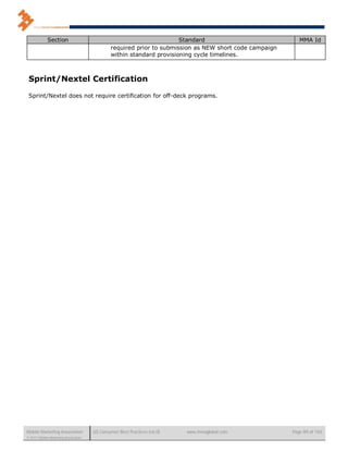 Section                                                  Standard                             MMA Id
                                              required prior to submission as NEW short code campaign
                                              within standard provisioning cycle timelines.



 Sprint/Nextel Certification

 Sprint/Nextel does not require certification for off-deck programs.




Mobile Marketing Association          US Consumer Best Practices (v6.0)   www.mmaglobal.com             Page 89 of 165
© 2011 Mobile Marketing Association
 