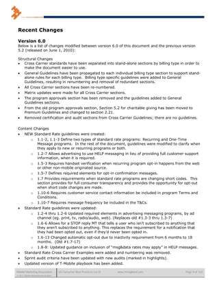 Recent Changes

 Version 6.0
 Below is a list of changes modified between version 6.0 of this document and the previous version
 5.2 (released on June 1, 2010):

 Structural Changes
  Cross Carrier standards have been separated into stand-alone sections by billing type in order to
    make the document easier to use.
      General Guidelines have been propagated to each individual billing type section to support stand-
       alone rules for each billing type. Billing type specific guidelines were added to General
       Guidelines, resulting in renumbering and removal of redundant sections.
      All Cross Carrier sections have been re-numbered.
      Matrix updates were made for all Cross Carrier sections.
      The program approvals section has been removed and the guidelines added to General
       Guidelines sections.
      From the old program approvals section, Section 5.2 for charitable giving has been moved to
       Premium Guidelines and changed to section 2.21.
      Removed certification and audit sections from Cross Carrier Guidelines; there are no guidelines.

 Content Changes
      NEW Standard Rate guidelines were created:
         o 1.1-2, 1.1-3 Define two types of standard rate programs: Recurring and One-Time
            Message programs. In the rest of the document, guidelines were modified to clarify when
            they apply to new or recurring programs or both.
         o 1.2-7 Allows advertising to use HELP messaging in lieu of providing full customer support
            information, when it is required.
              o     1.5-3 Requires handset verification when recurring program opt-in happens from the web
                    or other non-mobile originated source.
              1.5-7 Defines required elements for opt-in confirmation messages.
              o
              1.7 Provides requirements when standard rate programs are changing short codes. This
              o
              section provides for full consumer transparency and provides the opportunity for opt-out
              when short code changes are made.
          o 1.10-6 Requires customer service contact information be included in program Terms and
              Conditions.
          o 1.10-7 Requires message frequency be included in the T&Cs.
      Standard Rate guidelines were updated:
          o 1.2-4 thru 1.2-6 Updated required elements in advertising messaging programs, by ad
              channel (eg. print, tv, radio/audio, web). (Replaces old #1.3-3 thru 1.3-7)
          o 1.6-6 Allows for a STOP reply MT that tells a user who isn’t subscribed to anything that
              they aren’t subscribed to anything. This replaces the requirement for a notification that
              they had been opted out, even if they’d never been opted in.
          o 1.6-13 Changed automatic opt-out due to inactivity requirement from 6 months to 18
              months. (Old #1.7-17)
          o 1.8-8: Updated guidance on inclusion of “msg&data rates may apply” in HELP messages.
      Standard Rate Cross Carrier Examples were added and numbering was removed.
      Sprint audit criteria have been updated with new audits (marked in highlights).
      Updated version of T-Mobile playbook has been added.

Mobile Marketing Association          US Consumer Best Practices (v6.0)   www.mmaglobal.com       Page 9 of 165
© 2011 Mobile Marketing Association
 