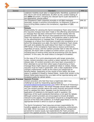 Section                                                   Standard                                MMA Id
                                      violations monthly count also is inappropriate; therefore, questions of
                                      this nature will not be addressed. As often as not, careful reading of
                                      this entire document, including the relevant Sprint audit standards in
                                      the appendices, should suffice.
                                      The Compliance Team responds promptly to all Q&A messages.              SPR-35
                                      Generally, except in extreme circumstances, no extension is given on
                                      time to bring failed creative into compliance, regardless of Q&A
                                      status.
 Retests                              Retests                                                                 SPR-15.5
                                      Responsibility for advising the Sprint Compliance Team when either
                                      the requisite changes have been made or the offending advertisement
                                      or message flow has been removed from market resides with the
                                      content provider. After 48 hours have passed and the Compliance
                                      Team has received no such advice, one proactive retest is performed
                                      on the advertisement or message flow. If all advertisements or
                                      messages on a failure form have been brought into compliance on or
                                      before the designated cure date, the Sprint Compliance Team closes
                                      the audit and updates the audit status from Open to Closed in the
                                      IMM Portal. If the Compliance Team fails to receive confirmation,
                                      regardless of cause, and the content provider fails to take the actions
                                      required, the short code is subject to further action—up to and
                                      including loss of revenue share and de-provisioning from the Sprint
                                      network. In this case, the audit status is changed to Escalated.

                 In the case of TV or print advertisements with longer production
                 cycles, content providers may submit a retest request for a future
                 release date. Or content providers who have been unsuccessful in
                 their attempts to correct their other types of advertising or there
                 message flows might require an additional retest or retests. Retest
                 requests must be made in good faith, with a clear explanation of the
                 changes implemented. Audits at this status are categorized as
                 Pending Retest. Depending on the results of this retest, the audit
                 status is updated to Closed or Retest Failed. Audits that remain in the
                 Retest Failed state beyond the cure date will be reported along with
                 Escalated audits for carrier action.
 Appeals Process Appeals Process                                                         SPR-36
                 Content providers who feel they have a legitimate claim may
                 challenge an audit by responding appropriately to
                 compliance@psmsindustrymonitor.com within 48 hours of receiving a
                 Program Violation Notice. The email message should state explicitly
                 why the content provider deems the audit incorrect and should include
                 proof to validate this claim. Appeals must be directed at the
                 application of violations to the specific audit in question; the
                 legitimacy of the audit standards themselves is not open for debate.
                 Although content providers are encouraged to include all details
                 relevant to the appeal, this presentation should be a straightforward
                 account of the facts with evidence. A multiple-page thesis is not the
                 appropriate format in which to couch an appeal.

                                      The Sprint Compliance Team assumes primary responsibility for
                                      handling appeals as it does for compliance monitoring, enforcement,
                                      and Q&A. When necessary, the Team engages Sprint management
                                      personnel to resolve issues, but explanations the Team provides
                                      govern the appeals process. The outcome of the appeals process will

Mobile Marketing Association          US Consumer Best Practices (v6.0)   www.mmaglobal.com                 Page 95 of 165
© 2011 Mobile Marketing Association
 