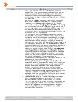 Section                                                    Standard                                  MMA Id
                                             Jump pages may not serve as a collection site for phone
                                              numbers and PINs; this information may be entered only on
                                              landing pages controlled by content providers themselves.
                                             Select-your-carrier jump pages containing information in
                                              addition to carrier logos must comply fully with Sprint policies
                                              and MMA CBP.
                                             Use of the term free is prohibited in advertising creative for
                                              PSMS offers, and Sprint will continue to cite this violation
                                              vigorously. The only exceptions include Free as a proper
                                              noun—such as in song titles (e.g., “Free Bird,” “Love Is Free”)
                                              and artist names (Free, Free the Robots, Sugar Free)— free in
                                              common expressions (e.g., hassle-free, toll-free, sugar-free),
                                              and other similar usage that clearly does not imply the
                                              customer will receive something without charge. The term free
                                              in gibberish text also is prohibited.
                                             The “cell-submit field” in PSMS advertisements is the box
                                              designated for entry of the customer’s mobile phone number;
                                              it is not the Submit button that the customer must click after
                                              entering his or her phone number in the cell-submit field. The
                                              action required “Display pricing [or subscription disclosure]
                                              within one line break of the cell-submit field” means the pricing
                                              and subscription disclosure (e.g., $9.99/month) must appear
                                              immediately adjacent to (i.e., above or below) the cell-submit
                                              field and must not be displayed in a graphic, such as a
                                              starburst or bubble. One line break refers to one physical line
                                              break the point size of the pricing and subscription disclosure
                                              rather than to an HTML line break. In other words, the space
                                              between the pricing and subscription disclosure and the cell-
                                              submit field should be insufficient in which to display another
                                              line of text. See appendix E for an example of an
                                              advertisement in which pricing and subscription disclosure are
                                              displayed adjacent to the cell-submit field.
                                             The descriptor “stacked marketing,” a deceptive form of
                                              advertising, refers to cross-selling of several PSMS promotions
                                              from the same or different sponsors, sometimes on multiple
                                              different short codes, within the same online user flow,
                                              whereby a customer is shown a series of offers in close
                                              succession, often with his or her mobile phone number pre-
                                              populated in subsequent pages. A Web site’s initial pitch might
                                              solicit the customer’s number by offering “free” MP3s or
                                              ringtones, then cycle the customer through the series of offers
                                              before he or she can claim the free content.
                                             Screenshots are taken on a screen size of 1024x768 pixels
                                              using the default configuration on a major Web browser,
                                              including Internet Explorer, Safari, Firefox, and Chrome.
                                             The PSMS offer and all terms and conditions must be clear and
                                              visible using only the default browser scroll bar. Disclosures
                                              may not be truncated or obscured by frames or secondary
                                              scroll boxes, and the terms and conditions may not be
                                              contained within a scroll-box.




Mobile Marketing Association          US Consumer Best Practices (v6.0)   www.mmaglobal.com                   Page 98 of 165
© 2011 Mobile Marketing Association
 