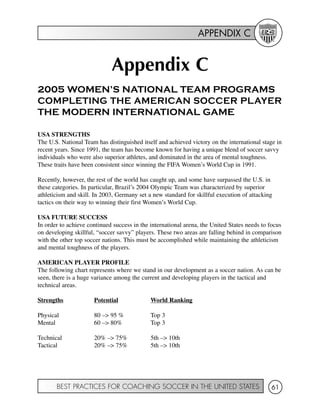 APPENDIX C
BEST PRACTICES FOR COACHING SOCCER IN THE UNITED STATES 61
Appendix C
2005 WOMEN’S NATIONAL TEAM PROGRAMS
COMPLETING THE AMERICAN SOCCER PLAYER
THE MODERN INTERNATIONAL GAME
USA STRENGTHS
The U.S. National Team has distinguished itself and achieved victory on the international stage in
recent years. Since 1991, the team has become known for having a unique blend of soccer savvy
individuals who were also superior athletes, and dominated in the area of mental toughness.
These traits have been consistent since winning the FIFA Women’s World Cup in 1991.
Recently, however, the rest of the world has caught up, and some have surpassed the U.S. in
these categories. In particular, Brazil’s 2004 Olympic Team was characterized by superior
athleticism and skill. In 2003, Germany set a new standard for skillful execution of attacking
tactics on their way to winning their first Women’s World Cup.
USA FUTURE SUCCESS
In order to achieve continued success in the international arena, the United States needs to focus
on developing skillful, “soccer savvy” players. These two areas are falling behind in comparison
with the other top soccer nations. This must be accomplished while maintaining the athleticism
and mental toughness of the players.
AMERICAN PLAYER PROFILE
The following chart represents where we stand in our development as a soccer nation. As can be
seen, there is a huge variance among the current and developing players in the tactical and
technical areas.
Strengths Potential World Ranking
Physical 80 –> 95 % Top 3
Mental 60 –> 80% Top 3
Technical 20% –> 75% 5th –> 10th
Tactical 20% –> 75% 5th –> 10th
 
