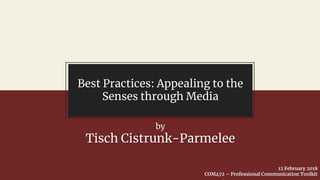 Best Practices: Appealing to the
Senses through Media
by
Tisch Cistrunk-Parmelee
12 February 2018
COM472 – Professional Communication Toolkit
 