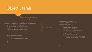 Object Literals
var empty_object = {};
var employee = {
first-name: “Supun",
last-name: “Dissanayake“,
sayHello: function(){
document.write (“hello”);
}
};
function employee (firstName, lastName){
this.firstName = firstName;
This.lastName = lastName;
function sayHello(){
document.write (“hello”);
}
}
Constructor Arguments
Constructor
 