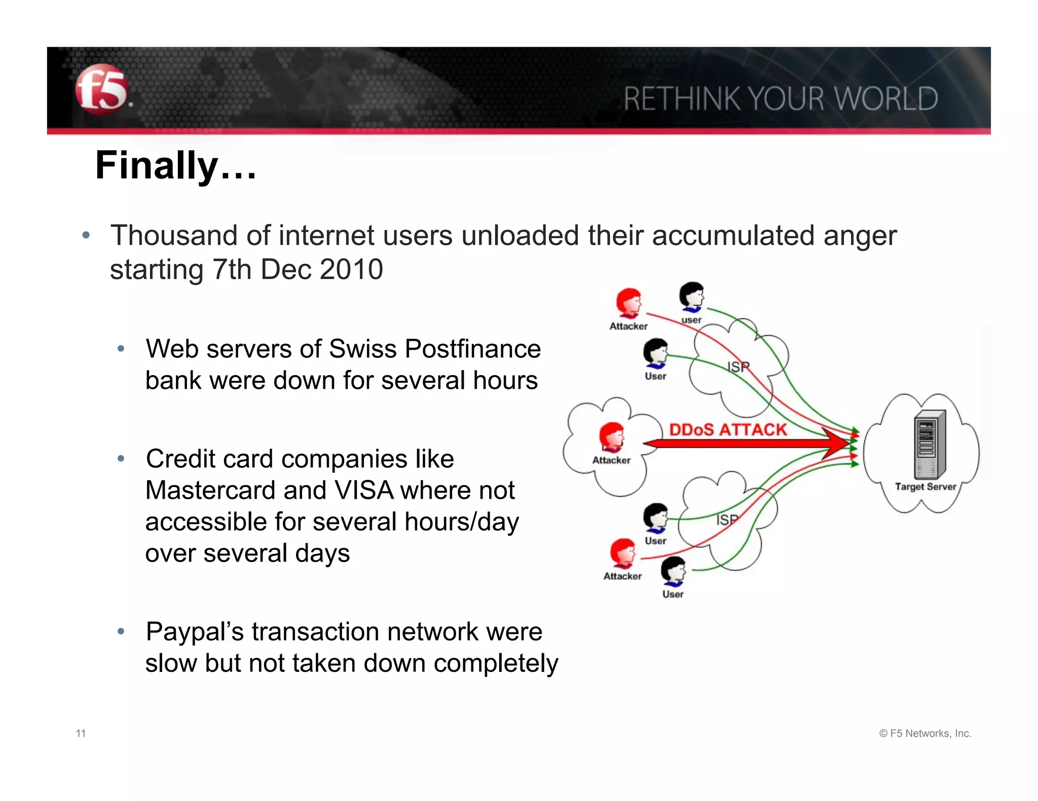 Finally…
•  Thousand of internet users unloaded their accumulated anger
   starting 7th Dec 2010

      •  Web servers of Swiss Postfinance
         bank were down for several hours


      •  Credit card companies like
         Mastercard and VISA where not
         accessible for several hours/day
         over several days


      •  Paypal’s transaction network were
         slow but not taken down completely

11                                                          © F5 Networks, Inc.
 