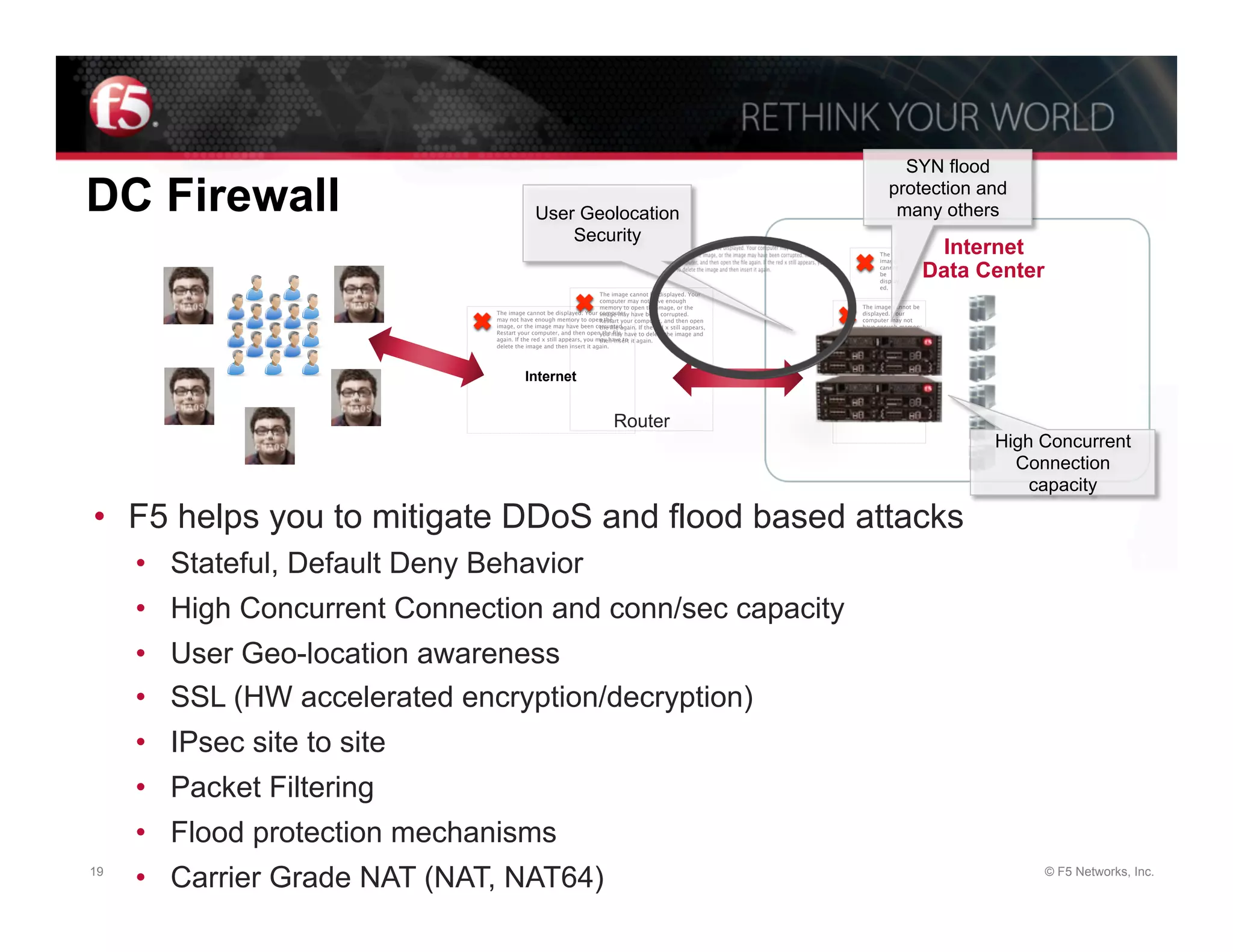 SYN flood

DC Firewall                                    User Geolocation
                                                                                                                              protection and
                                                                                                                               many others
                                                   Security
            External Users                                                                                                 The                 Internet
                                                                                                                                              Data Center
                                                                                                                           image
                                                                                                                           cannot
                                                                                                                           be
                                                                                                                           display
                                                                                                                           ed.
                                                                        The image cannot be displayed. Your
                                                                        computer may not have enough
                                                                        memory to open the image, or the             The image cannot be
                                The image cannot be displayed. Your computer have been corrupted.
                                                                        image may
                                may not have enough memory to open the your computer, and then open
                                                                        Restart
                                                                                                                     displayed. Your
                                                                                                                     computer may not
                                                                                                                                                     F5.com
                                image, or the image may have been corrupted.
                                                                        the ﬁle again. If the red x still appears,   have enough memory
                                Restart your computer, and then openyou may have to delete the image and
                                                                         the ﬁle                                     to open the image, or
                                again. If the red x still appears, you may have to it again.
                                                                        then insert
                                delete the image and then insert it again.
                                                                                                                     the image may have
                                                                                                                     been corrupted.
                                                                                                                                                     owa.f5.com
                                                                                                                     Restart your
                                                                                                                     computer, and then

                                                                                                                                                     DevCentral.F5.com
                                                                                                                     open the ﬁle again. If

                                           Internet                                                                  the red x still
                                                                                                                     appears, you may
                                                                                                                     have to delete the
                                                                                                                     image and then
                                                                                                                     insert it again.
                                                                                                                                                     websupport.f5.com
                                                                             Router                                                                  ihealth.f5.com
                                                                                                                                                    High Concurrent
                                                                                                                                                      Connection
                                                                                                                                                     downloads.F5.com
                                                                                                                                                        capacity
•  F5 helps you to mitigate DDoS and flood based attacks
     •  Stateful, Default Deny Behavior
     •  High Concurrent Connection and conn/sec capacity
     •  User Geo-location awareness
     •  SSL (HW accelerated encryption/decryption)
     •  IPsec site to site
     •  Packet Filtering
     •  Flood protection mechanisms
19
     •  Carrier Grade NAT (NAT, NAT64)                                                                                                                      © F5 Networks, Inc.
 
