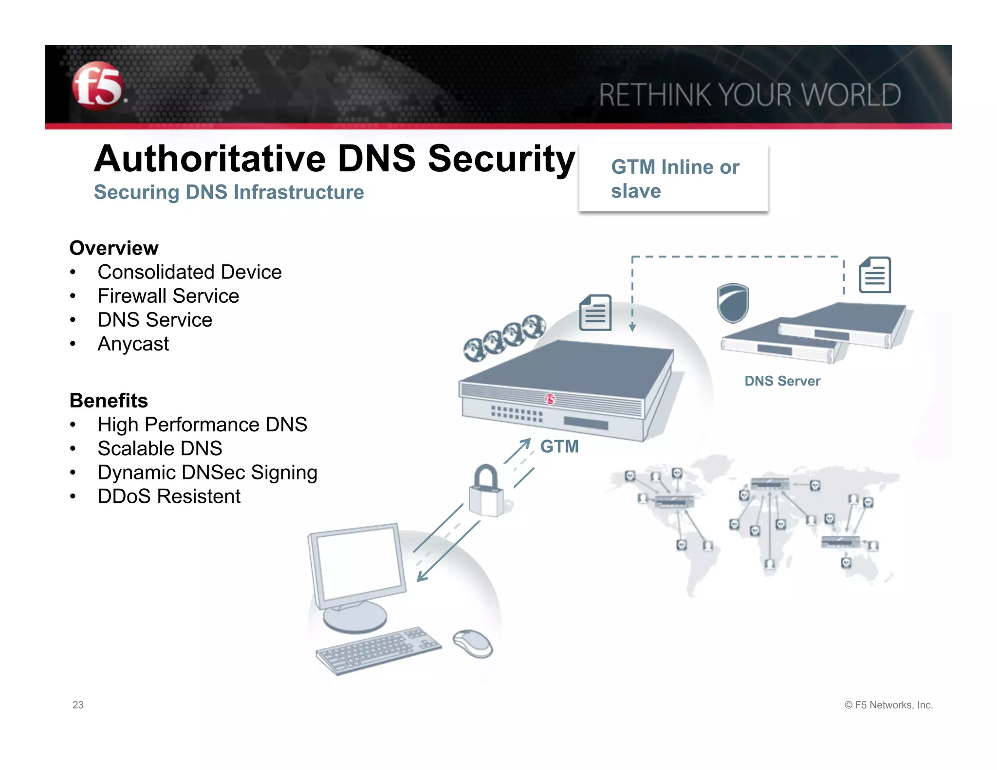 Authoritative DNS Security          GTM Inline or
     Securing DNS Infrastructure         slave

Overview
•  Consolidated Device
•  Firewall Service
•  DNS Service
•  Anycast
                                                         DNS Server
Benefits
•  High Performance DNS
•  Scalable DNS                    GTM
•  Dynamic DNSec Signing
•  DDoS Resistent




23                                                                    © F5 Networks, Inc.
 