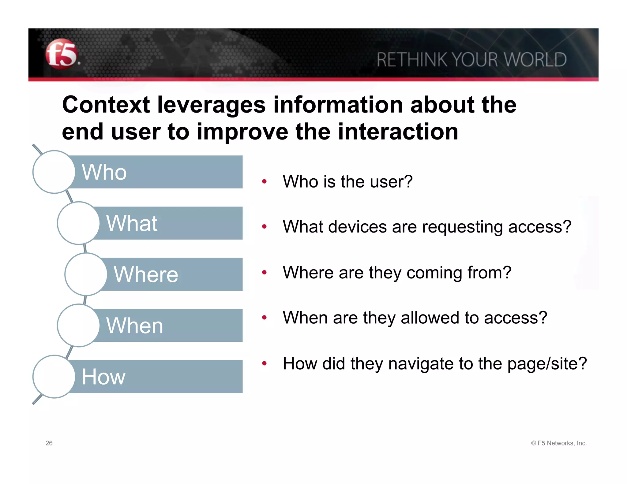 Context leverages information about the
     end user to improve the interaction
      Who             •  Who is the user?

        What          •  What devices are requesting access?

         Where        •  Where are they coming from?

                      •  When are they allowed to access?
        When
                      •  How did they navigate to the page/site?
      How

26                                                      © F5 Networks, Inc.
 