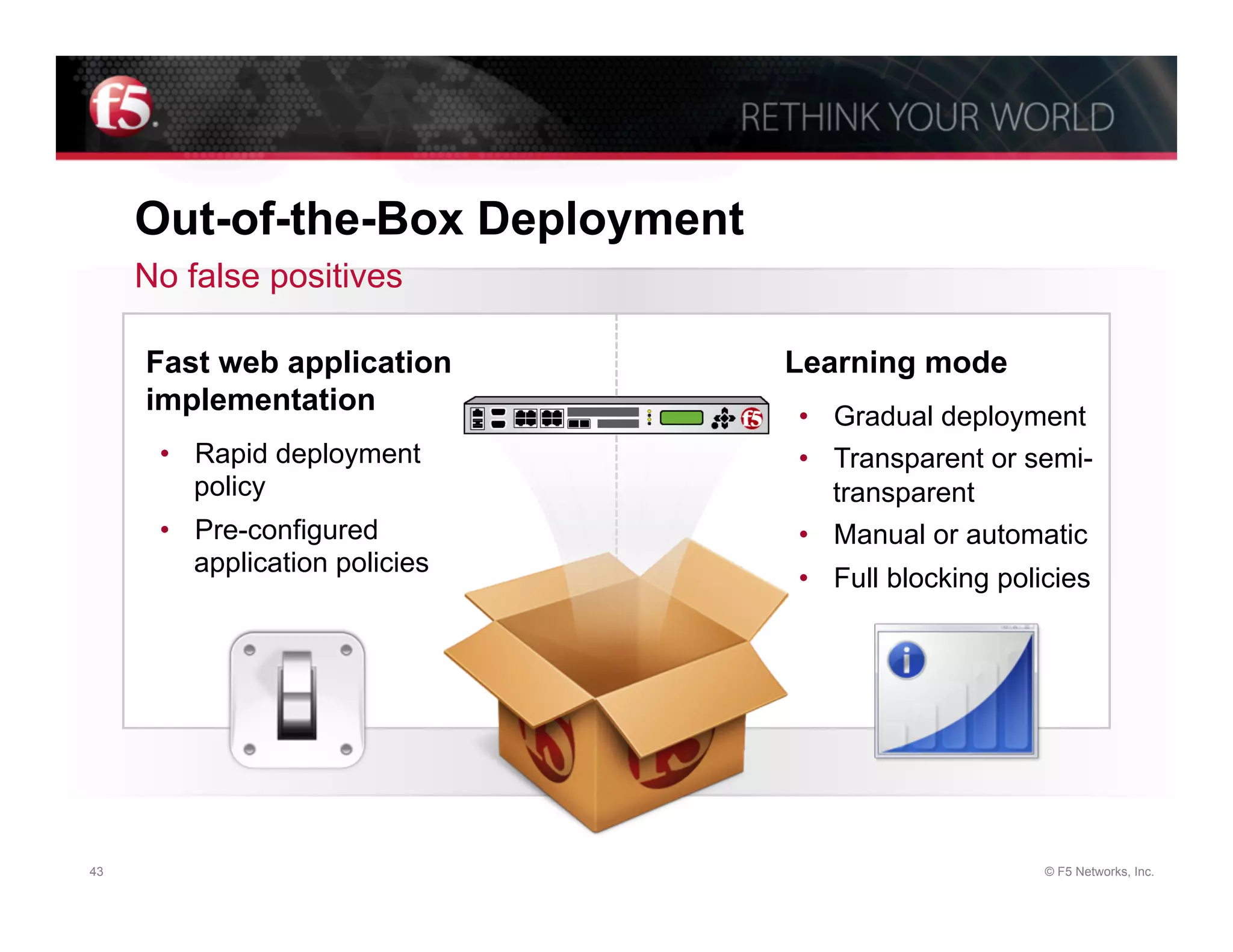 Out-of-the-Box Deployment
     No false positives

     Fast web application        Learning mode
     implementation              •  Gradual deployment
      •  Rapid deployment        •  Transparent or semi-
         policy                     transparent
      •  Pre-configured          •  Manual or automatic
         application policies
                                 •  Full blocking policies




43                                                    © F5 Networks, Inc.
 