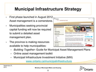 Municipal Infrastructure Strategy
   •    First phase launched in August 2012.
        Asset management is a cornerstone.
   •    Municipalities seeking provincial
        capital funding will now be required
        to submit a detailed asset
        management plan.
   •    The province is making resources
        available to help municipalities:
         • Building Together- Guide for Municipal Asset Management Plans
         • Online asset management toolkit
         • Municipal Infrastructure Investment Initiative (MIII)
                      www.ontario.ca/municipalinfrastructure
September 27,
2012                         Ministry of Municipal Affairs and Housing

                                                8
 