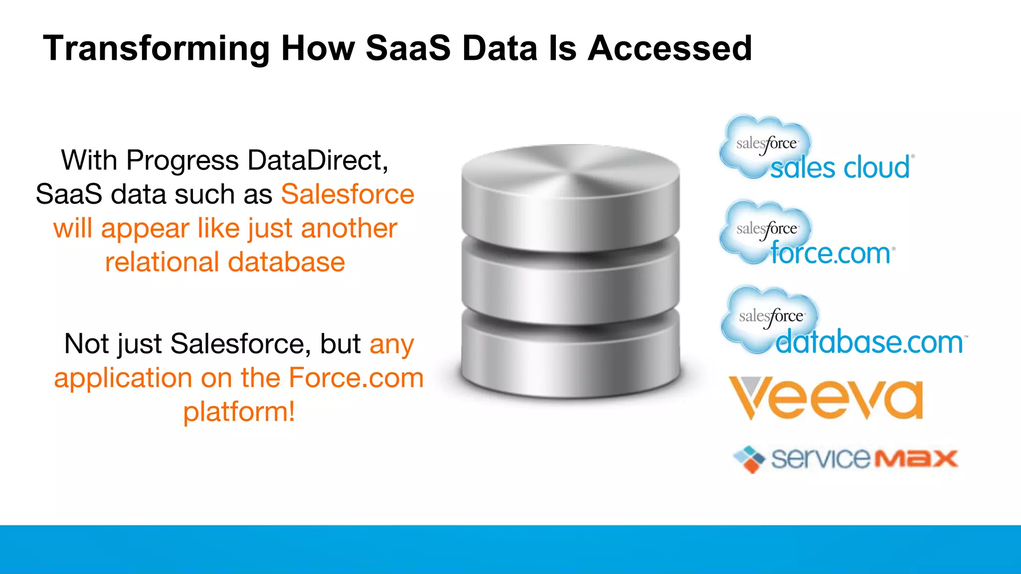 Transforming How SaaS Data Is Accessed With Progress DataDirect, SaaS data such as Salesforce will appear like just another relational database Not just Salesforce, but any application on the Force.com platform! 