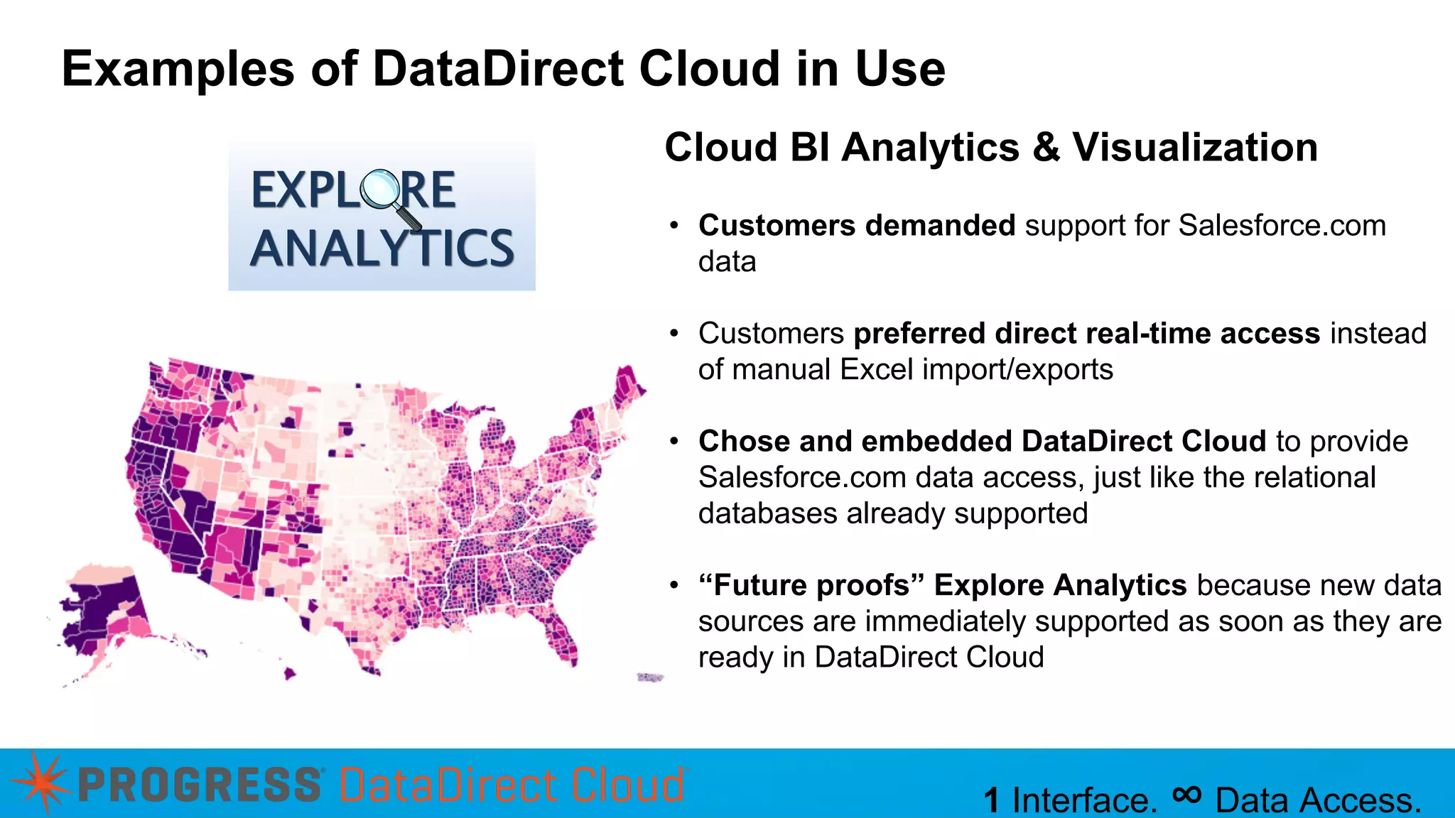 Examples of DataDirect Cloud in Use Cloud BI Analytics & Visualization • Customers demanded support for Salesforce.com data • Customers preferred direct real-time access instead of manual Excel import/exports • Chose and embedded DataDirect Cloud to provide Salesforce.com data access, just like the relational databases already supported • “Future proofs” Explore Analytics because new data sources are immediately supported as soon as they are ready in DataDirect Cloud 1 Interface. ∞ Data Access. 