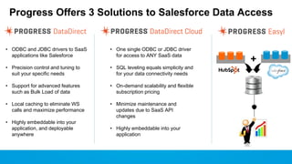 Progress Offers 3 Solutions to Salesforce Data Access

• ODBC and JDBC drivers to SaaS
applications like Salesforce

• One single ODBC or JDBC driver
for access to ANY SaaS data

• Precision control and tuning to
suit your specific needs

• SQL leveling equals simplicity and
for your data connectivity needs

• Support for advanced features
such as Bulk Load of data

• On-demand scalability and flexible
subscription pricing

• Local caching to eliminate WS
calls and maximize performance

• Minimize maintenance and
updates due to SaaS API
changes

• Highly embeddable into your
application, and deployable
anywhere

• Highly embeddable into your
application

+

 