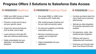Progress Offers 3 Solutions to Salesforce Data Access

• ODBC and JDBC drivers to SaaS
applications like Salesforce

• One single ODBC or JDBC driver
for access to ANY SaaS data

• Precision control and tuning to
suit your specific needs

• SQL leveling equals simplicity and
for your data connectivity needs

• Support for advanced features
such as Bulk Load of data

• On-demand scalability and flexible
subscription pricing

• Local caching to eliminate WS
calls and maximize performance
• Highly embeddable into your
application, and deployable
anywhere

• Minimize maintenance and
updates due to SaaS API
changes
• Highly embeddable into your
application

• Combine and blend data from
many SaaS and on-premise
data sources
• Self-service data integration
for business operations and
analysts
• No expensive, costly, risky
traditional data integration
• Effective new ways to
collaborate with coworkers
• Enhances your favorite data
tools, from Excel to BI tools

 