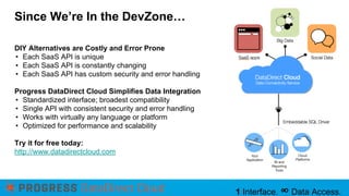 Since We’re In the DevZone…
DIY Alternatives are Costly and Error Prone
• Each SaaS API is unique
• Each SaaS API is constantly changing
• Each SaaS API has custom security and error handling
Progress DataDirect Cloud Simplifies Data Integration
• Standardized interface; broadest compatibility
• Single API with consistent security and error handling
• Works with virtually any language or platform
• Optimized for performance and scalability
Try it for free today:
http://www.datadirectcloud.com

1 Interface. ∞ Data Access.

 