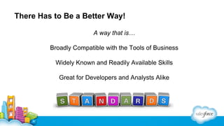 There Has to Be a Better Way!
A way that is…
Broadly Compatible with the Tools of Business
Widely Known and Readily Available Skills
Great for Developers and Analysts Alike

 