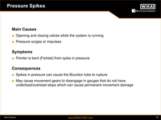Best Practices www.WIKA-FAST.com 12 
Pressure Spikes 
Main Causes 
■ Opening and closing valves while the system is running 
■ Pressure surges or impulses 
Symptoms 
■ Pointer is bent (Fishtail) from spike in pressure 
Consequences 
■ Spikes in pressure can cause the Bourdon tube to rupture 
■ May cause movement gears to disengage in gauges that do not have 
underload/overload stops which can cause permanent movement damage 
 