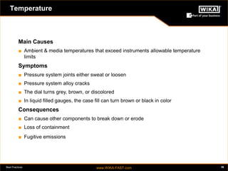 Best Practices www.WIKA-FAST.com 36 
Temperature 
Main Causes 
■ Ambient & media temperatures that exceed instruments allowable temperature 
limits 
Symptoms 
■ Pressure system joints either sweat or loosen 
■ Pressure system alloy cracks 
■ The dial turns grey, brown, or discolored 
■ In liquid filled gauges, the case fill can turn brown or black in color 
Consequences 
■ Can cause other components to break down or erode 
■ Loss of containment 
■ Fugitive emissions 
 