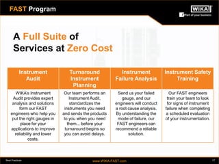 Best Practices www.WIKA-FAST.com A Full Suite of 
Services at Zero Cost 
51 
FAST Program 
Instrument 
Audit 
Turnaround 
Instrument 
Planning 
Instrument 
Failure Analysis 
Instrument Safety 
Training 
WIKA’s Instrument 
Audit provides expert 
analysis and solutions 
form our FAST 
engineers who help you 
put the right gauges in 
place for your 
applications to improve 
reliability and lower 
costs. 
Our team performs an 
Instrument Audit, 
standardizes the 
instruments you need 
and sends the products 
to you when you need 
them... before your 
turnaround begins so 
you can avoid delays. 
Send us your failed 
gauge, and our 
engineers will conduct 
a root cause analysis. 
By understanding the 
mode of failure, our 
FAST engineers can 
recommend a reliable 
solution. 
Our FAST engineers 
train your team to look 
for signs of instrument 
failure when completing 
a scheduled evaluation 
of your instrumentation. 
 