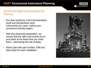 Best Practices www.WIKA-FAST.com 54 
 Our team performs a full Instrumentation 
Audit and standardizes what 
instruments you need...before your 
turnaround actually begins 
 With this advanced preparation, we 
ensure that the right instruments are at 
your plant at the exact time you need 
them – eliminating the risk of delay 
 Action plan with part number, IOM and 
data sheet for each installation 
FAST Turnaround Instrument Planning 
Ensure the Right Instrumentation for 
Start-up 
 