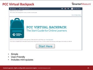Content-agnostic, highly-configurable assessment engine | smartermeasure.com 28
PCC Virtual Backpack
• Simple
• User-Frien...