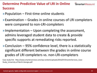 Content-agnostic, highly-configurable assessment engine | smartermeasure.com 30
Determine Predictive Value of LRI in Onlin...