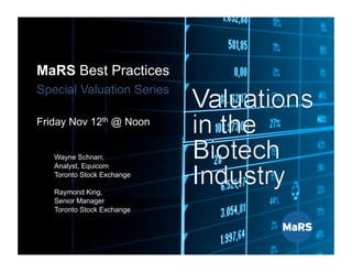 1
MaRS Best Practices
Series
Special
Valuation
Series
Nov. 12th, 2010
MaRS Best Practices
Special Valuation Series
Friday Nov 12th @ Noon
Raymond King,
Senior Manager
Toronto Stock Exchange
Wayne Schnarr,
Analyst, Equicom
Toronto Stock Exchange
 