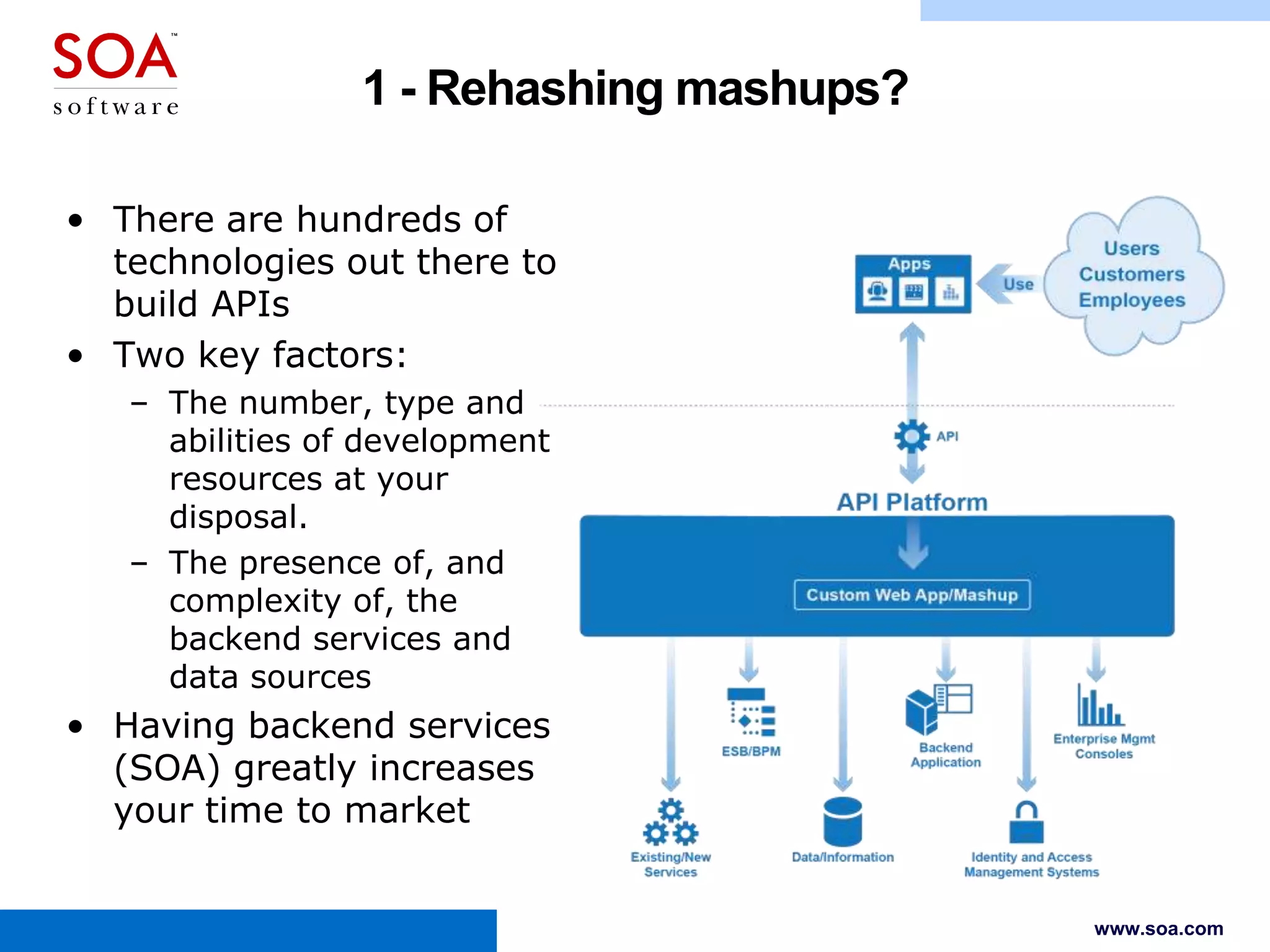 1 - Rehashing mashups?
• There are hundreds of
technologies out there to
build APIs
• Two key factors:
– The number, type and
abilities of development
resources at your
disposal.
– The presence of, and
complexity of, the
backend services and
data sources

• Having backend services
(SOA) greatly increases
your time to market

www.soa.com

 
