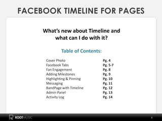 FACEBOOK TIMELINE FOR PAGES

     What’s new about Timeline and
         what can I do with it?

              Table of Co...