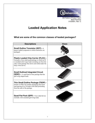 1
SM Platform Product Team
Best Practices
51030001, Rev. C
Leaded Application Notes
What are some of the common classes of leaded packages?
Descriptions Views
Small Outline Transistor (SOT) - A
plastic leaded component in which transistors are
packaged.
Plastic Leaded Chip Carrier (PLCC) -
Normally a four-sided quad package in which an IC
is installed with J-type leads extending out from the
sides of the package then down and rolled under the
body of the device.
Small Outlined Integrated Circuit
(SOIC) – A small dual in-line package that has
gull-wing shaped leads.
Thin Small Outline Package (TSOP) -
Similar to SOIC but smaller packaging and closer
lead spacing (8 to 24 leads) with leads protruding
from the ends of the package.
Quad Flat Pack (QFP) - Four-sided device
normally with extended gull-wing leads.
 