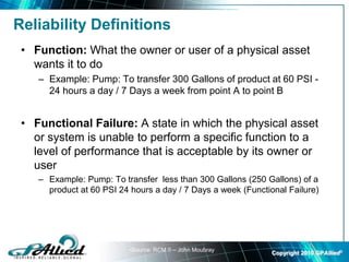 Copyright 2010 GPAllied©
Reliability Definitions
• Function: What the owner or user of a physical asset
wants it to do
– Example: Pump: To transfer 300 Gallons of product at 60 PSI -
24 hours a day / 7 Days a week from point A to point B
• Functional Failure: A state in which the physical asset
or system is unable to perform a specific function to a
level of performance that is acceptable by its owner or
user
– Example: Pump: To transfer less than 300 Gallons (250 Gallons) of a
product at 60 PSI 24 hours a day / 7 Days a week (Functional Failure)
•Source: RCM !! – John Moubray
 
