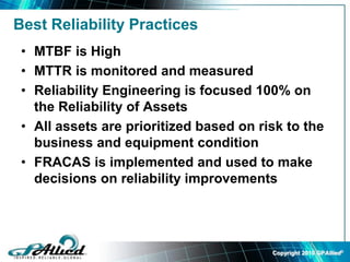 Copyright 2010 GPAllied©
Best Reliability Practices
• MTBF is High
• MTTR is monitored and measured
• Reliability Engineering is focused 100% on
the Reliability of Assets
• All assets are prioritized based on risk to the
business and equipment condition
• FRACAS is implemented and used to make
decisions on reliability improvements
 