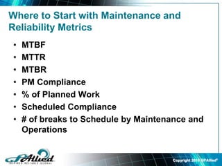 Copyright 2010 GPAllied©
Where to Start with Maintenance and
Reliability Metrics
• MTBF
• MTTR
• MTBR
• PM Compliance
• % of Planned Work
• Scheduled Compliance
• # of breaks to Schedule by Maintenance and
Operations
 