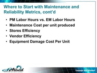 Copyright 2010 GPAllied©
Where to Start with Maintenance and
Reliability Metrics, cont’d
• PM Labor Hours vs. EM Labor Hours
• Maintenance Cost per unit produced
• Stores Efficiency
• Vendor Efficiency
• Equipment Damage Cost Per Unit
 