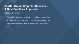 ArcGIS Online Steps for Success –
A Best Practices Approach
• Not a step-by-step how-to, but guidance and tips
• A discussion of best practices for you to consider
• Software demonstrations, examples, and Q&A
Session Overview
 
