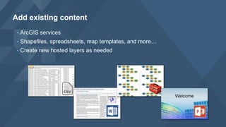 • ArcGIS services
• Shapefiles, spreadsheets, map templates, and more…
• Create new hosted layers as needed
Add existing content
 