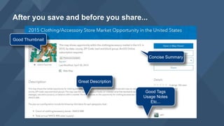 After you save and before you share...
Good Thumbnail
Concise Summary
Great Description
Good Tags
Usage Notes
Etc...
 