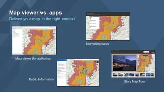 Map viewer vs. apps
Deliver your map in the right context
Map viewer (for authoring)
Storytelling basic
Public Information
Story Map Tour
 