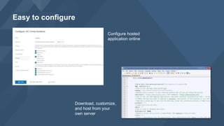 Easy to configure
Configure hosted
application online
Download, customize,
and host from your
own server
 