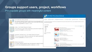 Groups support users, project, workflows
Pre-populate groups with meaningful content
 