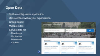 • Built-in configurable application
• Uses content within your organization
• Group-based
• Multiple sites
• Serves data for
- Developers
- Contractors
- Businesses
- Citizens
Open Data
 