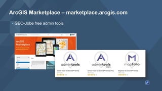 ArcGIS Marketplace – marketplace.arcgis.com
• GEO-Jobe free admin tools
 