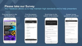 Please take our Survey
Your feedback allows us to help maintain high standards and to help presenters
Find the session
you want to review
Find your event in the
Esri Events App
Scroll down to the
bottom of the session
Answer survey
questions and submit
 