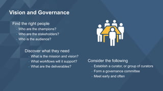 Find the right people
- Who are the champions?
- Who are the stakeholders?
- Who is the audience?
Vision and Governance
Consider the following
- Establish a curator, or group of curators
- Form a governance committee
- Meet early and often
Discover what they need
- What is the mission and vision?
- What workflows will it support?
- What are the deliverables?
 